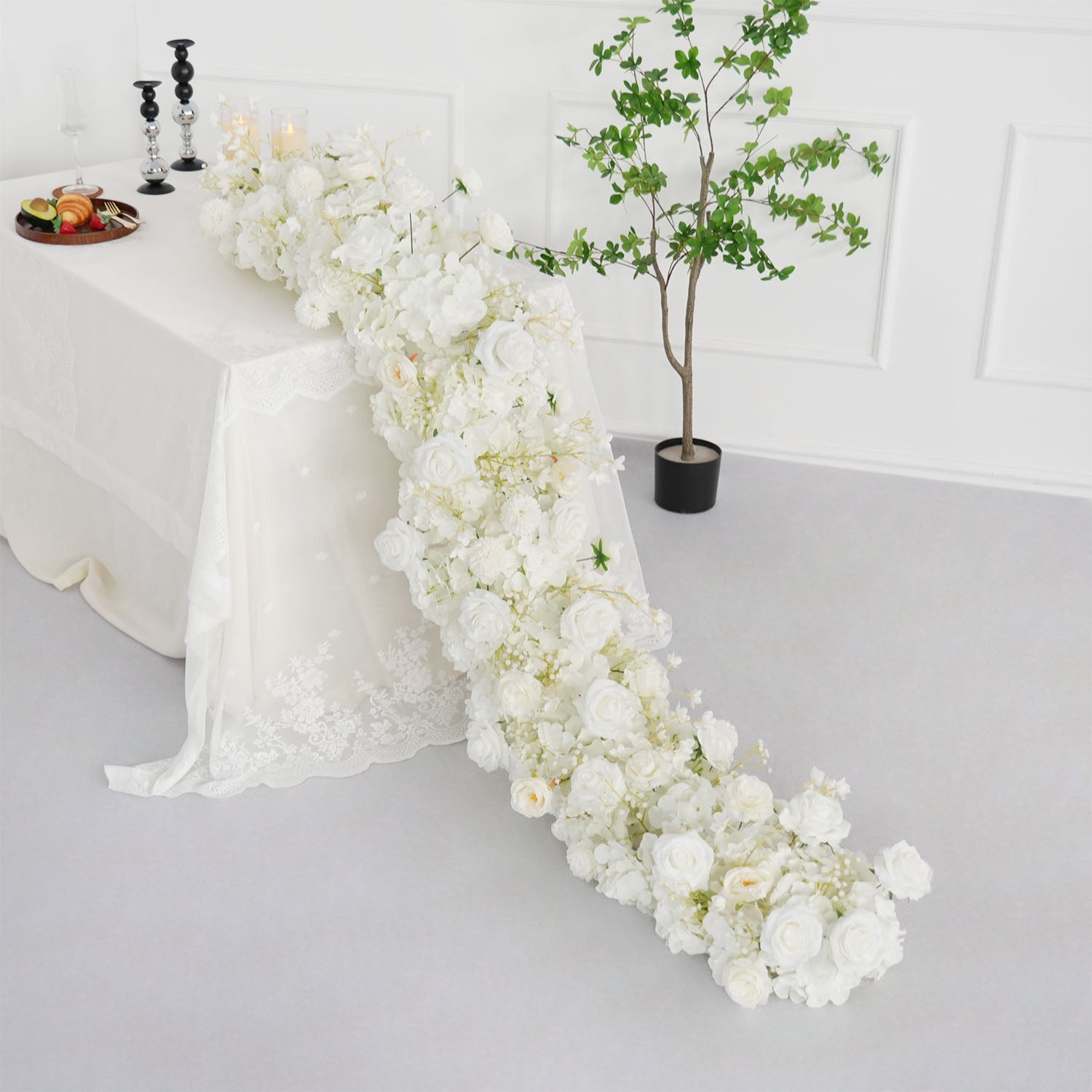 Uflower White Rose Table Runner Sofa Floral Wedding Backdrop Decor